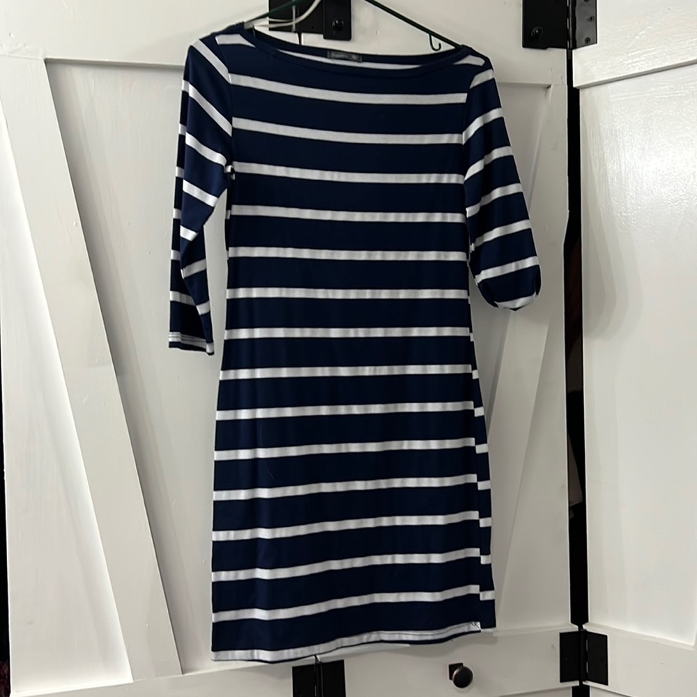 Navy blue and white striped body con dress size medium